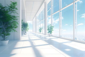 Modern Hallway with Plants and Sunlit Windows