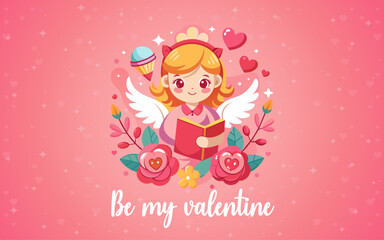 Be My Valentine Background with Cupid Girl Clipart, Heart and Floral Design Vector Illustration.
Happy Valentine's Day Wallpaper, Flyers, Invitation, Posters, Brochure, Banners Design Template in Pink