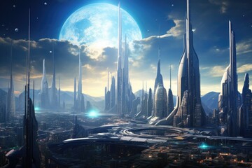 This image showcases a modern cityscape with a massive moon looming in the distance, The futuristic skyline of a sci-fi metropolis, AI Generated - obrazy, fototapety, plakaty