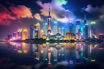 Experience the beauty of a city at night with its stunning reflection in the calm waters, The glowing illuminated skyline of Shanghai at night, AI Generated