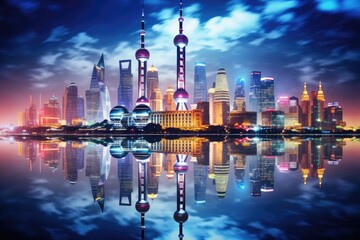 A stunning panorama of a city skyline reflected in the calm and shimmering waters, creating a mesmerizing urban vista, The glowing illuminated skyline of Shanghai at night, AI Generated