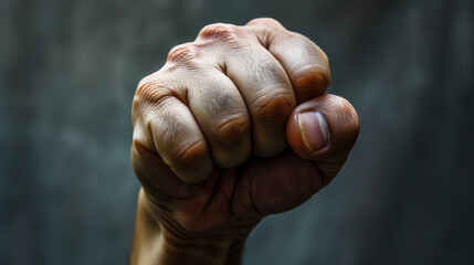 Close-up of a powerful clenched fist raised in the air.