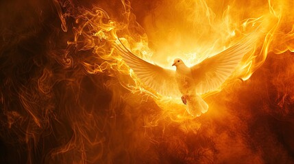 Embrace Divine Fire! Winged Dove in Flames Symbolizes the Holy Spirit. Ignite Your Faith with Powerful Imagery. Perfect for Spiritual Inspiration! - obrazy, fototapety, plakaty