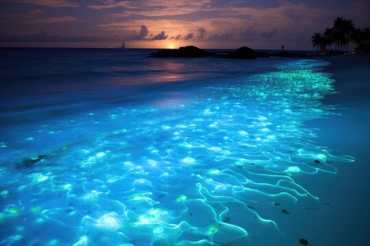 Crystal Clear Waters Grace a Vast and Serene Beach, The luminous glow of bioluminescent plankton on a beach in Maldives, AI Generated