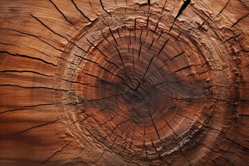 A detailed view of a tree trunk showing a perfectly formed circular cut in the bark, The rigid and...