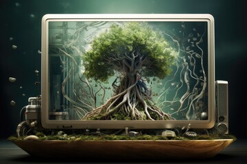 Tree on TV Screen, Nature Meets Technology in a Unique Display, The symbiosis of technology and nature emerging as an abstract form, AI Generated