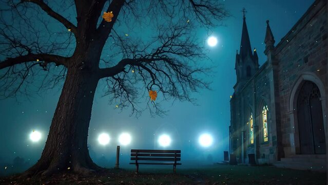 The church garden takes on a mystical aura on foggy nights, with a bench becoming a focal point of solitude in the mist