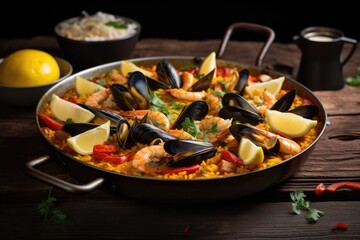 A pan filled with a delectable combination of seafood and rice, served alongside fresh lemon wedges, Traditional Spanish paella with seafood and saffron, AI Generated