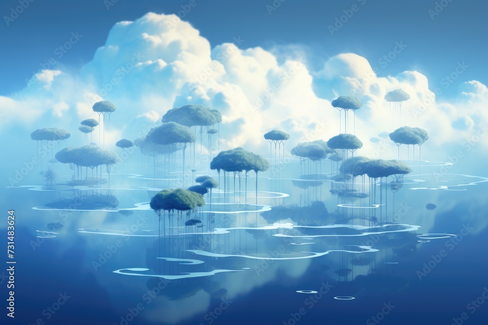 Poster a serene image of a group of clouds peacefully floating in the sky, translucent layers of cloud comp