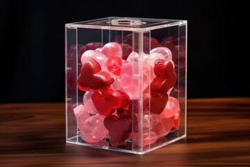 A clear box filled with hearts resting on top of a wooden table, Transparent Valentine's Day gift box filled with miniature candies, AI Generated