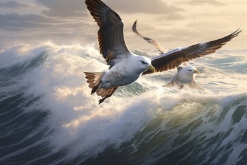 Two seagulls gracefully soar above the ocean, with a wave crashing beneath them, on a picturesque day, Two albatrosses gliding over the choppy waves of the sea, AI Generated - Powered by Adobe