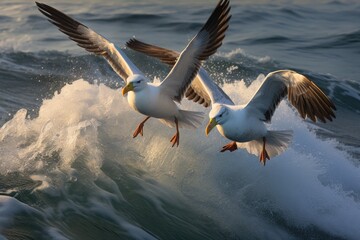 Two seagulls gracefully fly over a crashing wave, boldly traversing the vastness of the ocean, Two albatrosses gliding over the choppy waves of the sea, AI Generated - Powered by Adobe