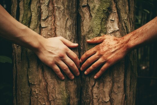 Two People Touching a Tree in a Peaceful Moment of Connection and Reverence, Two hands reaching for each other between a split tree trunk, AI Generated