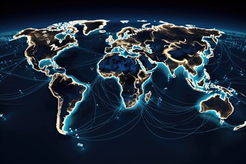 Map of the World With Interconnected Lines, Global Connectivity and Network Routes, Underwater internet cables connecting different continents, AI Generated
