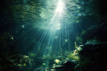 Fototapeta na wymiar Watch as the sun illuminates the ocean water, creating a beautiful and captivating underwater scene, Underwater scene using abstract elements, AI Generated