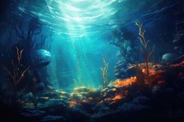 A peaceful underwater scene with a single fish gracefully swimming in the sparkling water, Underwater scene using abstract elements, AI Generated