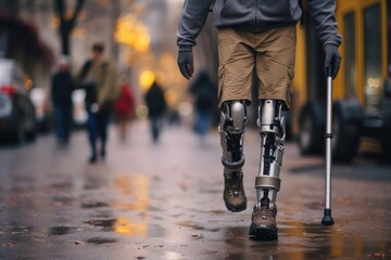 Man walking with bionic legs. - obrazy, fototapety, plakaty