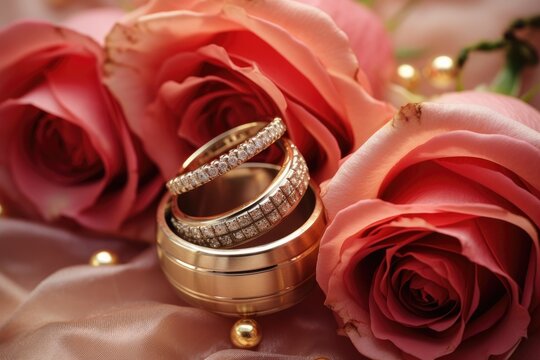 A beautiful image of two wedding rings delicately placed on top of a vibrant bouquet of roses, Two wedding rings nestled in a bouquet of roses, AI Generated