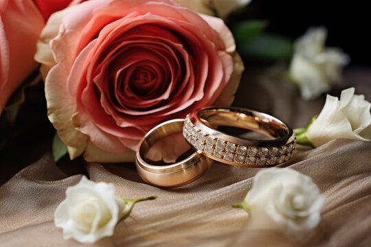 A captivating image of two wedding rings placed beside a beautiful bouquet of roses, Two wedding rings nestled in a bouquet of roses, AI Generated