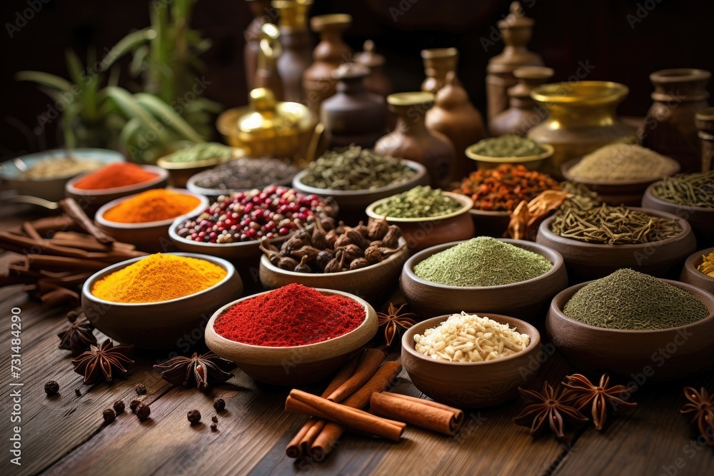 Aufkleber a table with bowls filled with various spices, creating an array of flavors and aromas, variety of o