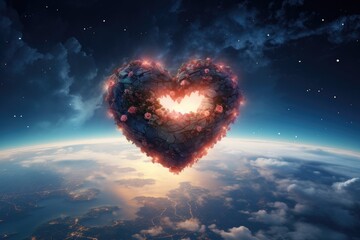 An image showing a heart-shaped object gracefully floating above the Earths surface, Valentineâ€™s Day in space with Earth in the heart shape, AI Generated