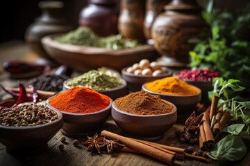 A table adorned with bowls filled with different types of spices, Variety of organic spices placed on rustic wooden table, AI Generated
