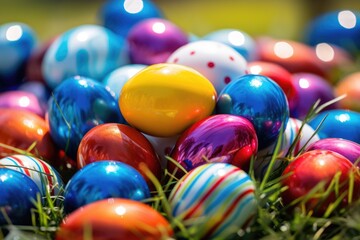 Fototapeta na wymiar A vibrant assortment of Easter eggs nestled in the green grass, Vibrantly colored Easter eggs during an Easter egg hunt, AI Generated