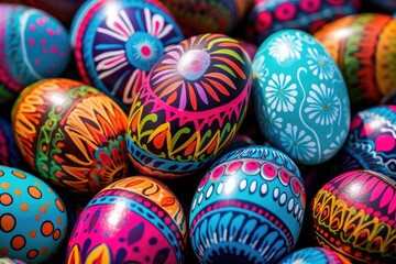 Fototapeta na wymiar A vibrant pile of intricately painted Easter eggs, evoking joy and the essence of springtime festivities, Vibrantly colored Easter eggs during an Easter egg hunt, AI Generated