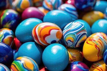 Fototapeta na wymiar A playful and vibrant stack of colorful marbles, creating a delightful toy collection, Vibrantly colored Easter eggs during an Easter egg hunt, AI Generated
