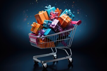 A bountiful collection of presents fills a shopping cart, promising delightful surprises for loved ones, Vibrantly wrapped gift boxes packed in a shopping cart, AI Generated