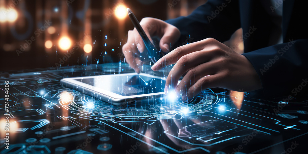 Poster cybersecurity concept with person using a tablet to navigate a complex interface with digital biomet