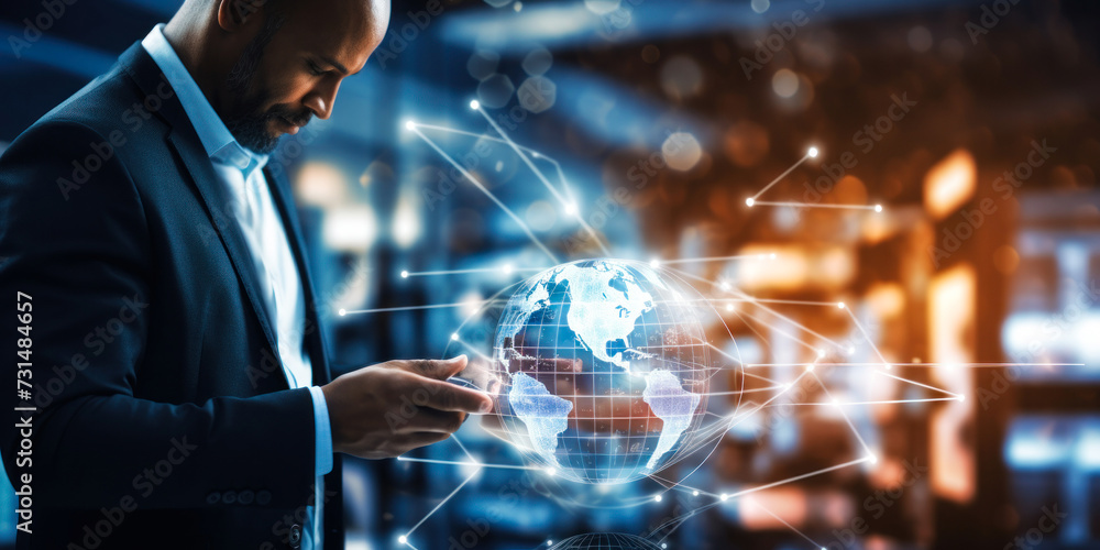 Poster Business professional analyzing global networks and data connections with a dynamic interface on a digital tablet in a modern corporate environment