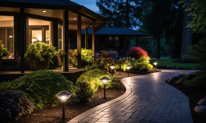 Fotobehang Evening View of a Beautifully Lit Garden Path Leading to a Cozy House, Landscape Lighting Enhancing Home Curb Appeal and Safety © Bartek