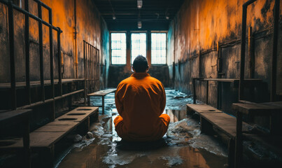 Incarcerated person in orange jumpsuit sitting alone in a bleak prison cell, gazing out of the barred window, evoking themes of confinement and introspection - 731484639