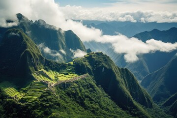 This stunning aerial photograph captures a spectacular cloud-covered mountain range in all its majestic beauty, View from the top of Machu Picchu, Peru, AI Generated