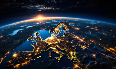 Illuminated Europe on Earth's Surface from Space during Sunrise, Glowing City Lights Depicting Human Activity and Civilization Development