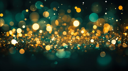 Obraz na płótnie Canvas Enchanting Golden Bokeh Lights on a Dark Emerald Green Background, Abstract Festive Sparkle for Holiday, Celebration, or Elegant Event Backdrop
