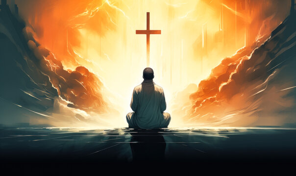 Silhouette of a man kneeling in prayer before a glowing cross, surrounded by ethereal light and abstract elements, depicting faith, worship, and spirituality