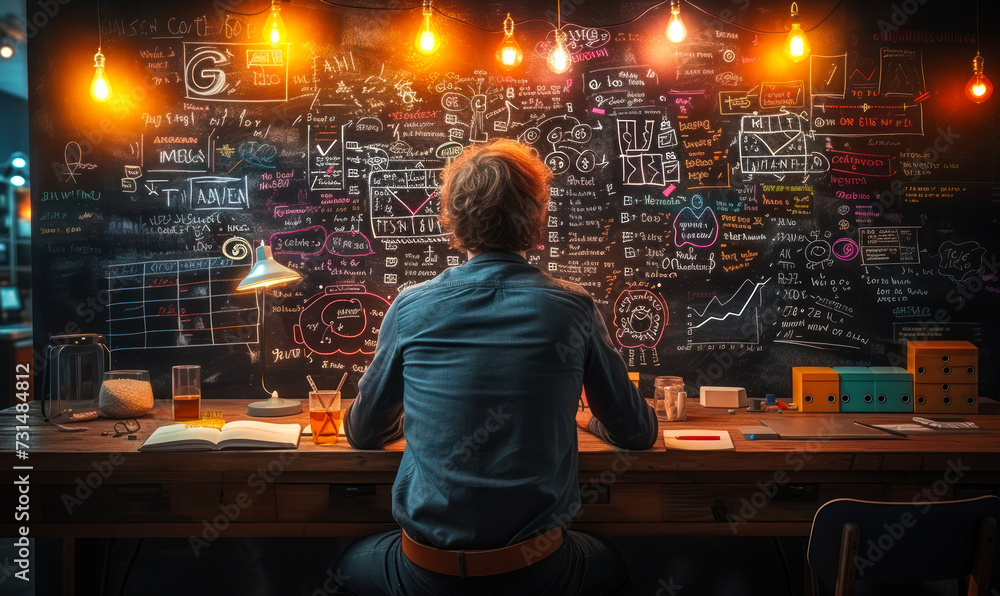 Poster focused individual brainstorming with colorful mind maps and complex formulas on a blackboard, in a 