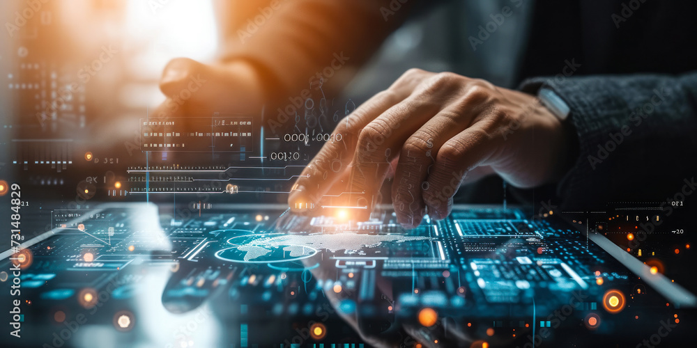 Poster cybersecurity concept with person using a tablet to navigate a complex interface with digital biomet
