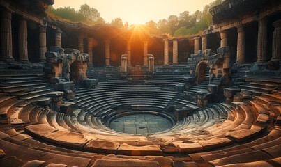 Ancient Roman amphitheater ruins bathed in soft sunlight, showcasing historical architecture and the cultural legacy of classical antiquity - obrazy, fototapety, plakaty