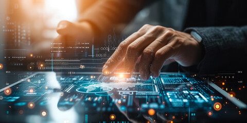 Cybersecurity concept with person using a tablet to navigate a complex interface with digital biometric fingerprint identification system