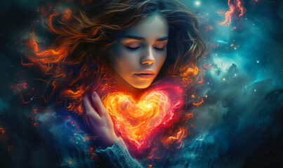 Mystical Portrait of a Woman Embracing a Vibrant Heart-shaped Nebula, Symbolizing Love, Emotion, and the Cosmic Connection of the Soul - obrazy, fototapety, plakaty