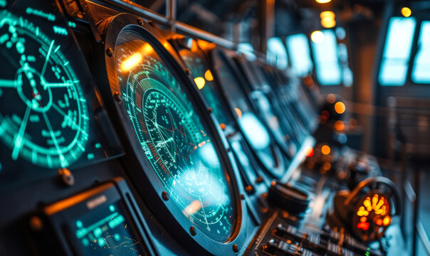 Advanced maritime navigation radar screen glowing in a dimly lit ship's bridge, highlighting the sophisticated technology used for marine travel
