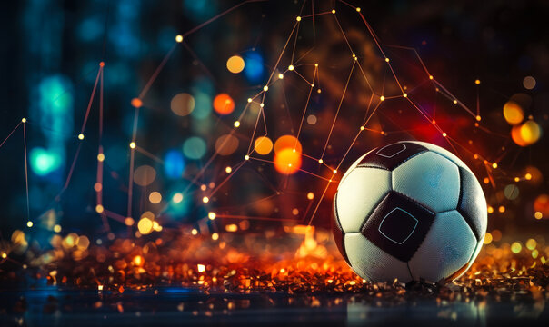 Soccer ball on the field with dynamic digital graphs, showcasing the integration of sports analytics and online betting in the world of soccer
