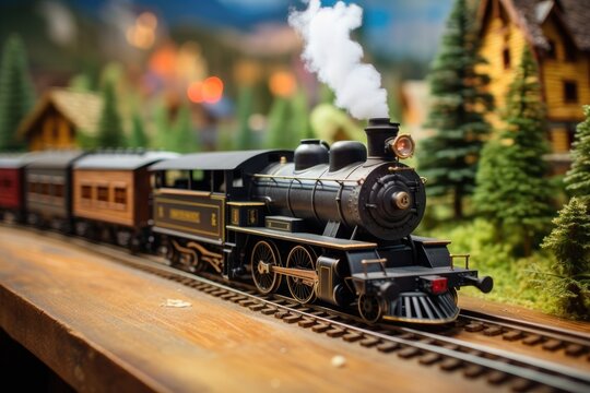 A toy train sits on a track with trees in the background, ready for playtime adventures, Vintage model train displayed on a wooden table, AI Generated
