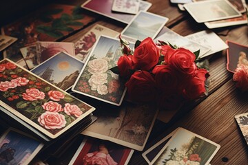 Naklejka na ściany i meble A stunning bouquet of roses adorns a simple wooden table, creating a natural and elegant centerpiece, Vintage Valentine's Day postcards scattered on a wooden table, AI Generated