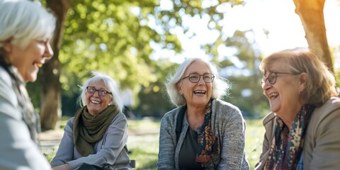 Talking, funny and senior woman friends outdoor in a park together for bonding during retirement. Happy, smile and laughing with a group of elderly people chatting in a garden for humor or fun