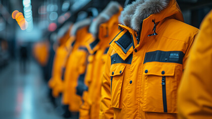Bright yellow high visibility jackets, Selective blur on high visibility safety coats and jackets, personal protective equipment's, Ai generated image - obrazy, fototapety, plakaty
