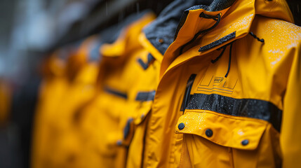 Jacket on a wall,  Bright yellow high visibility jackets, Selective blur on high visibility safety coats and jackets, personal protective equipments, Ai generated image